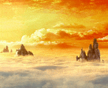 a painting of a sunset with mountains in the clouds