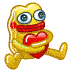 a cartoon character is holding a red heart in his hands