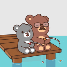 two teddy bears fishing on a dock with fishing rods
