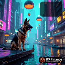 a painting of a german shepherd sitting on a dock with the words k9 finance on the bottom