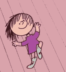 a cartoon girl in a purple dress is waving her hand on a pink background