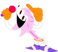 a pink cartoon character is singing into a microphone while giving a thumbs up