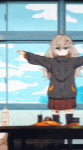 a girl standing in front of a window with her arms outstretched in a blurry anime scene