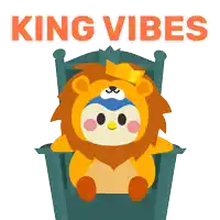 a lion wearing a crown is sitting in a chair with the words " king vibes " behind it