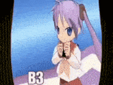 a cartoon girl with purple hair and blue eyes is standing in front of a television screen with the letters b3 on it .