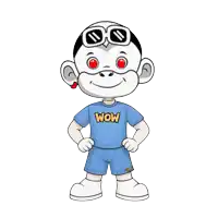 a cartoon character is wearing a blue shirt that says wow