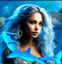 a woman with long blue hair is surrounded by blue sharks and jellyfish