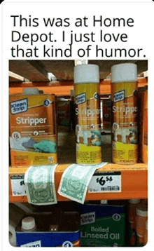 a can of stripper is sitting on a shelf in a home depot