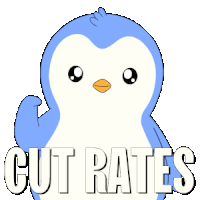 a blue and white penguin with the words cut rates behind it