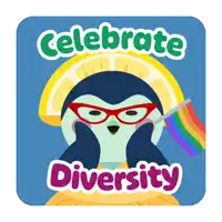 a penguin holding a rainbow flag with the words " celebrate diversity " below it