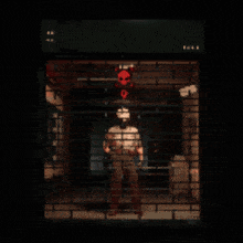 a man in a mask stands in front of a red brick building