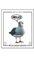 a picture of a seagull with a speech bubble saying hello