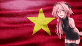a girl with pink hair and purple eyes is standing in front of a flag with a yellow star