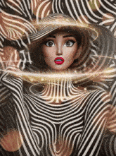 a woman wearing a striped outfit and a hat is surrounded by an optical illusion