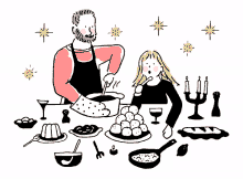 a black and white drawing of a man and a girl cooking together