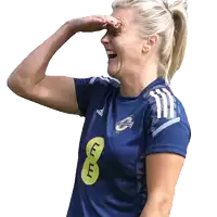 a woman wearing a blue adidas jersey covering her eyes with her hand