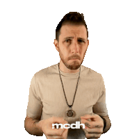 a man making a funny face in front of a white background with mcdh written on it