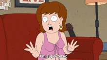 a cartoon of a woman sitting on a red couch says i 'm super basic