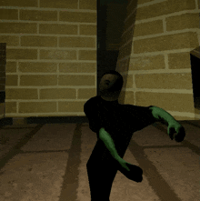 a computer generated image of a person with their arms outstretched in front of a brick wall