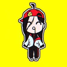 a cartoon of a girl wearing a red hat with a smiley face on it on a yellow background .