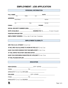 an employment / job application with a personal information section on page 1