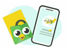 a cartoon illustration of a cell phone with a bird on the screen next to a card with a bird on it .