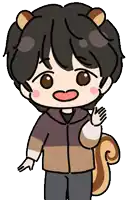 a cartoon drawing of a boy dressed as a squirrel waving