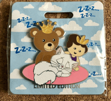 a limited edition pin featuring a teddy bear a cat and a girl
