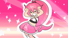 a cartoon drawing of a girl with pink hair and a black top