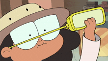 a cartoon character wearing a hat and glasses is drinking from a yellow bottle