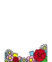 hello kitty and a teddy bear are sitting in a field of flowers .