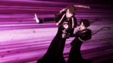 a couple of anime characters standing next to each other with a purple background