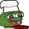 a green frog wearing a chef 's hat is holding a knife .