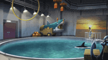 a shark is swimming in a swimming pool with a man standing on the edge