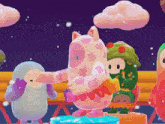 a group of cartoon characters are standing on a podium and one of them is wearing a cat costume
