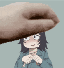 a pixel art of a girl with a hand covering her head