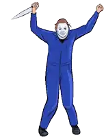 a cartoon of a man in a mask holding a large knife