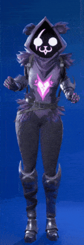 a video game character with a purple hood and a pink heart on her chest