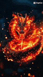 a snake is surrounded by flames with a capcut logo on the bottom right