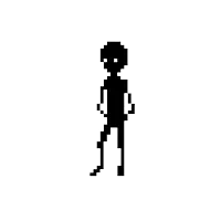a pixel art silhouette of a man with an afro is standing on a white background .