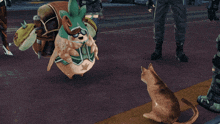 a video game scene with a cat looking at a dog