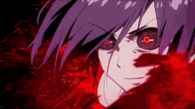 a close up of a person 's face with red eyes and purple hair