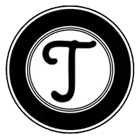 a black and white logo with a letter t in a circle