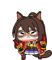 a cartoon of a cat holding two bottles of hot sauce with a black cat on them