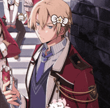 a man with a flower in his hair is wearing a red jacket and blue tie