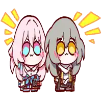 a cartoon drawing of a girl with pink hair and a girl with gray hair