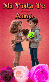 an animated picture of a boy and a girl with the words " mi vida te amo "