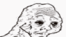 a black and white drawing of a person 's face with a mouse on top of it .