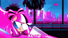 a pink cartoon character with the name xena on the bottom right corner