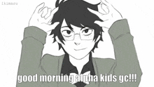 a black and white drawing of a boy with glasses holding his head .